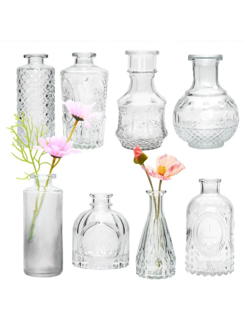 Set of 8 Clear Glass Bud Vases - Perfect for Floral Arrangements & Home Decor